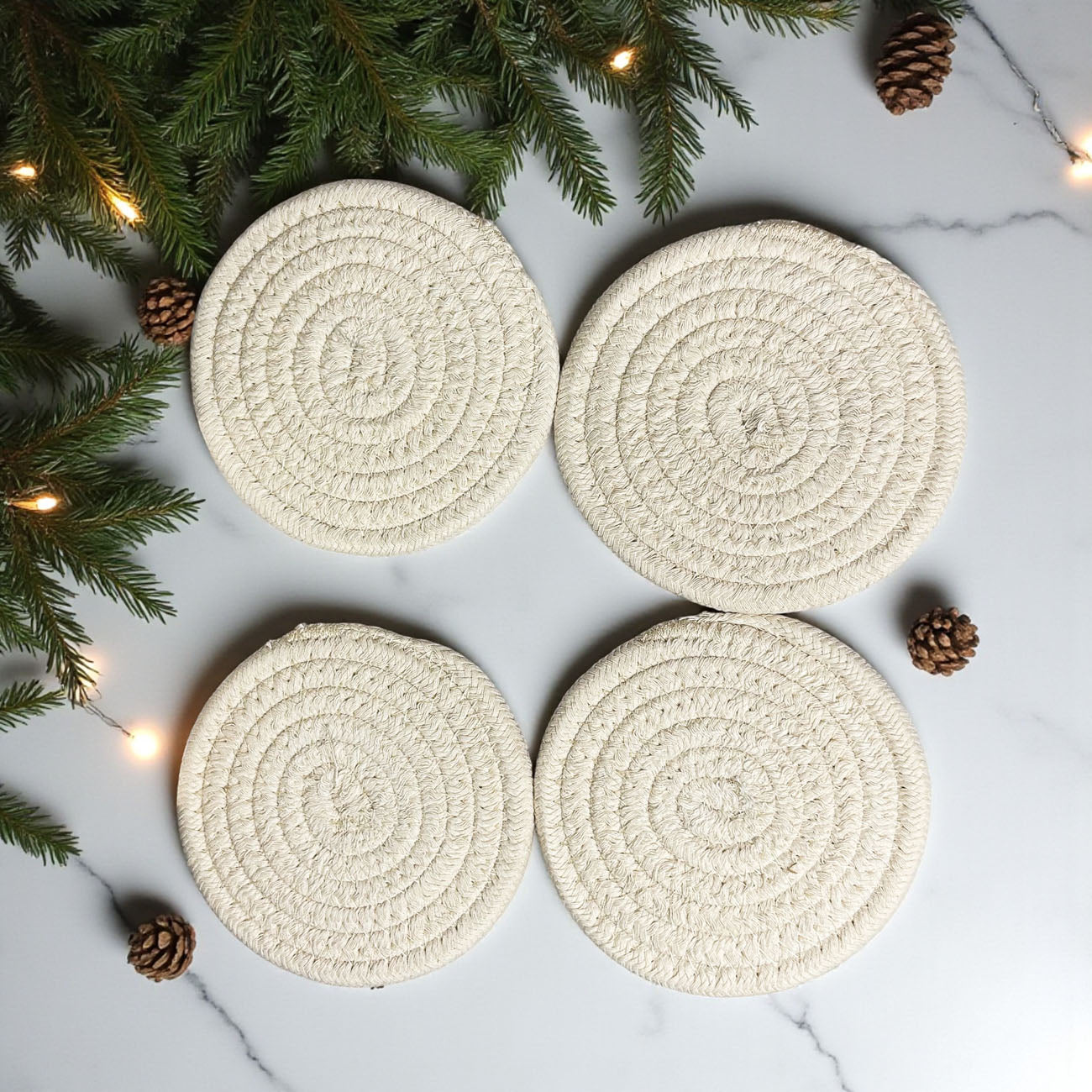 Christmas table essentials braided cotton coasters for drinks
festive home gift under 25 neutral handmade coasters
cozy winter coasters gift set neutral tones for Christmas